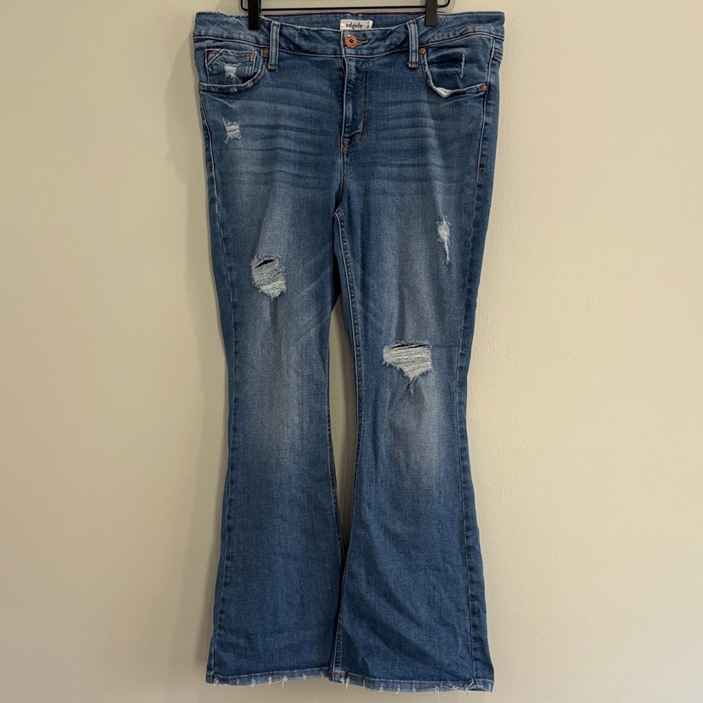 Trendy Distressed Blue Flare Jeans